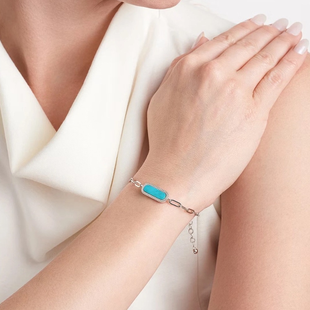 Sterling Silver Bracelet Turquoise CZ Charles Garnier Paperclip Chain